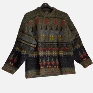 RARE 80's 90s VTG Willis Geiger Sweater Wool Hand Knit Ireland Tribal Aztec Med